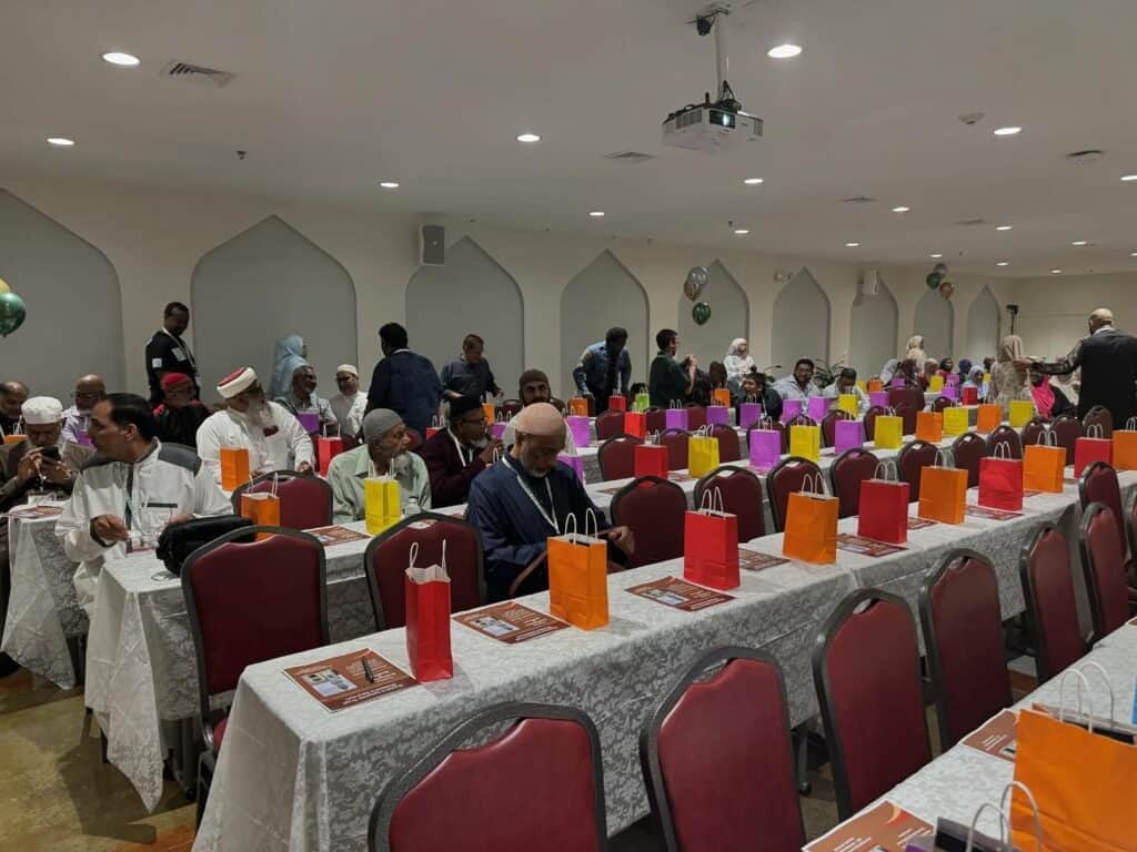 Tables decked out with colorful bags at the GIT Diaspora Reunion